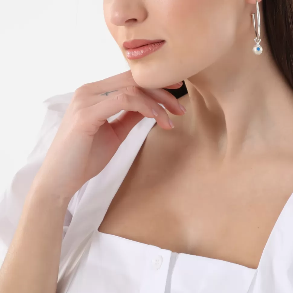 Women Folli Follie Earrings^Fashionable.Me Large Silver Hoops With Sphere And Blue Round Charms