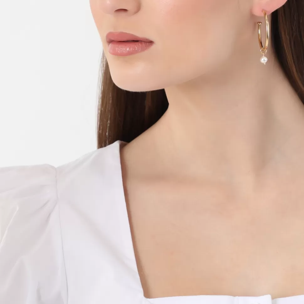 Women Folli Follie Earrings^Fashionable.Me Medium Gold Plated Hoops With Cross And Pearl Charms