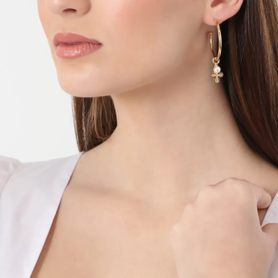 Women Folli Follie Earrings^Fashionable.Me Medium Gold Plated Hoops With Cross And Pearl Charms
