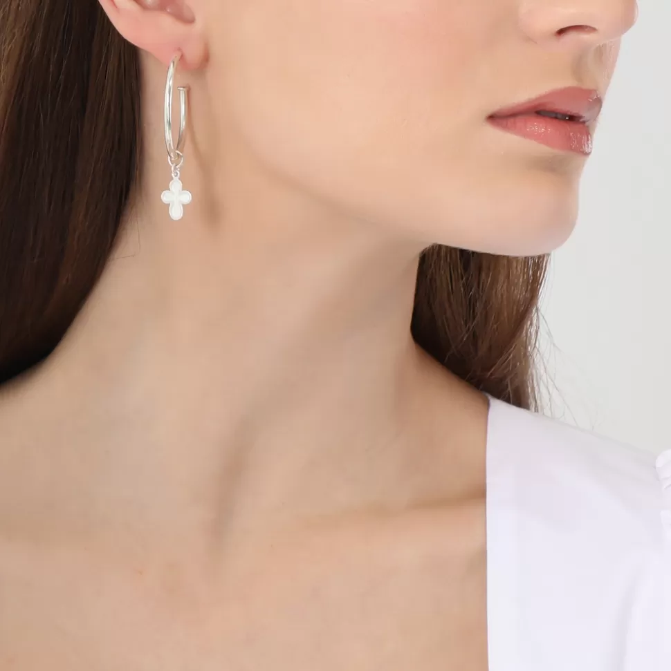 Women Folli Follie Earrings^Fashionable.Me Medium Silver Hoops With Cross And Purple Round Charms