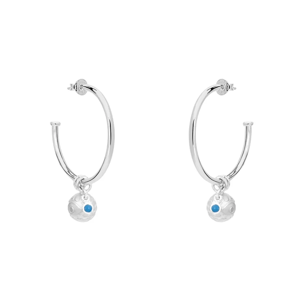 Women Folli Follie Earrings^Fashionable.Me Medium Silver Hoops With Sphere And Blue Round Charms