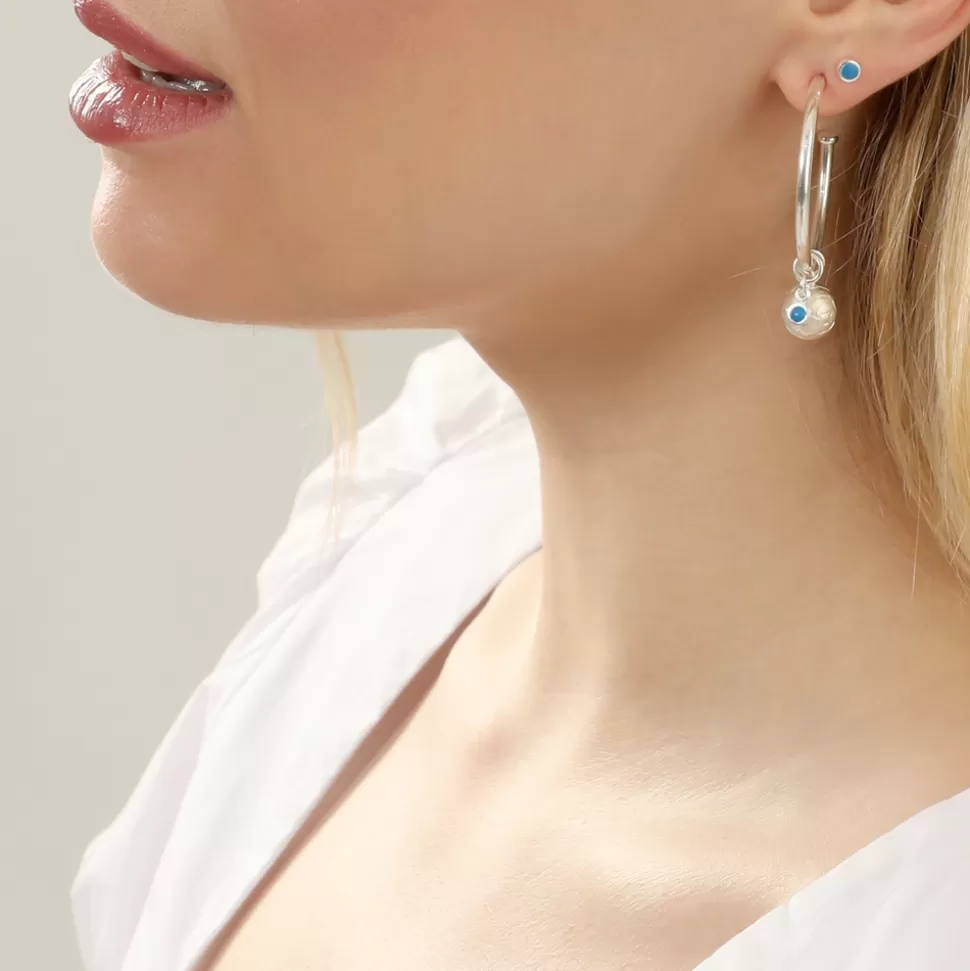 Women Folli Follie Earrings^Fashionable.Me Medium Silver Hoops With Sphere And Blue Round Charms