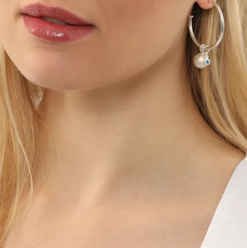 Women Folli Follie Earrings^Fashionable.Me Medium Silver Hoops With Sphere And Blue Round Charms