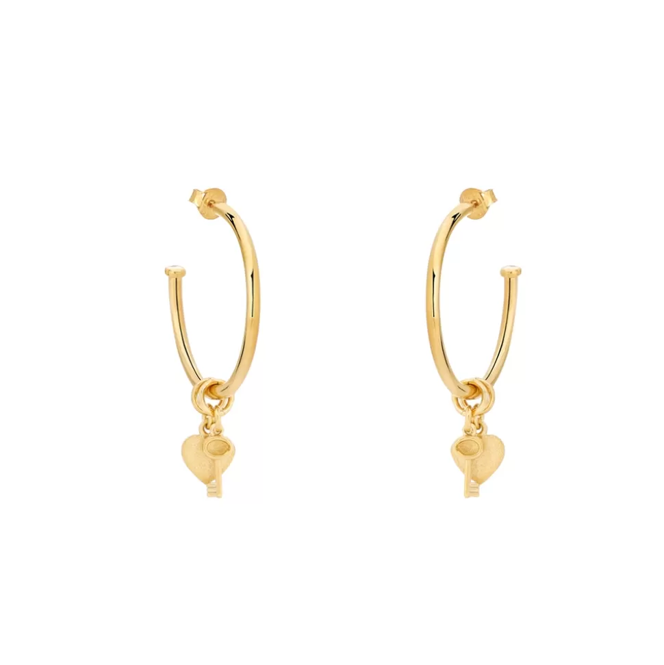 Women Folli Follie Earrings^Fashionable.Me Small Gold Plated Hoops With Heart And Key Charms