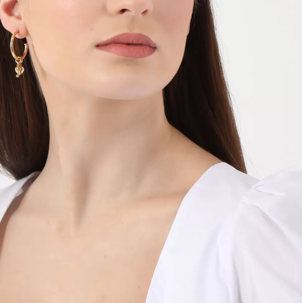 Women Folli Follie Earrings^Fashionable.Me Small Gold Plated Hoops With Heart And Key Charms