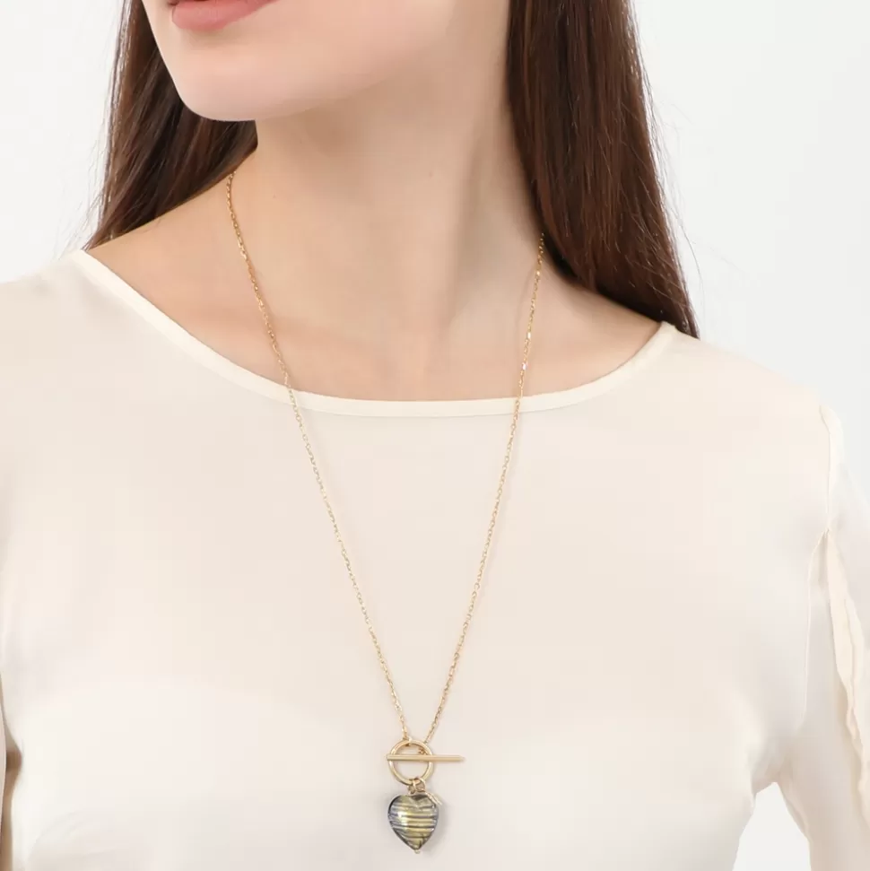 Women Folli Follie Necklaces^Hearty Candy Gold Plated Necklace With Blue-Gold Murrine Glass Heart And Bar Clasp