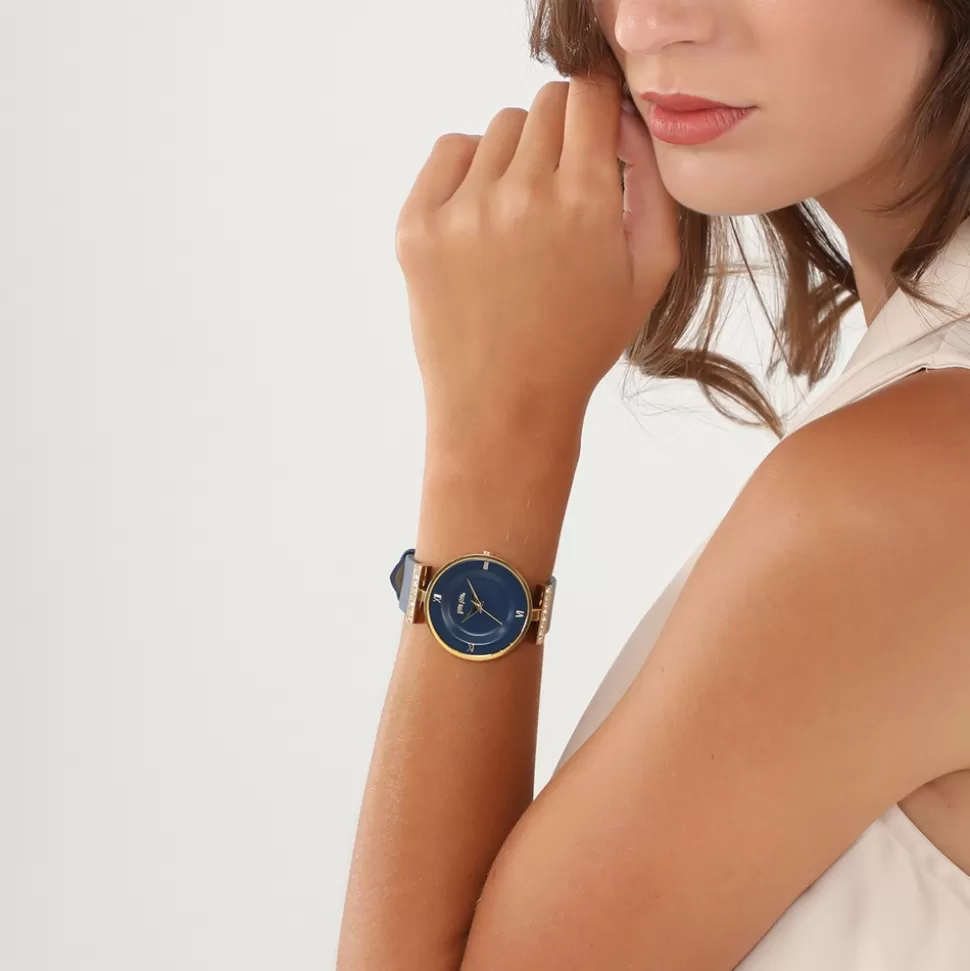 Women Folli Follie Leather Strap^Vintage Dynasty Gold Plated Watch With Blue Leather Strap