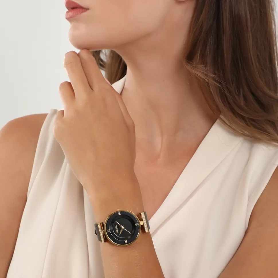 Women Folli Follie Leather Strap^Vintage Dynasty Gold Plated Watch With Leather Strap