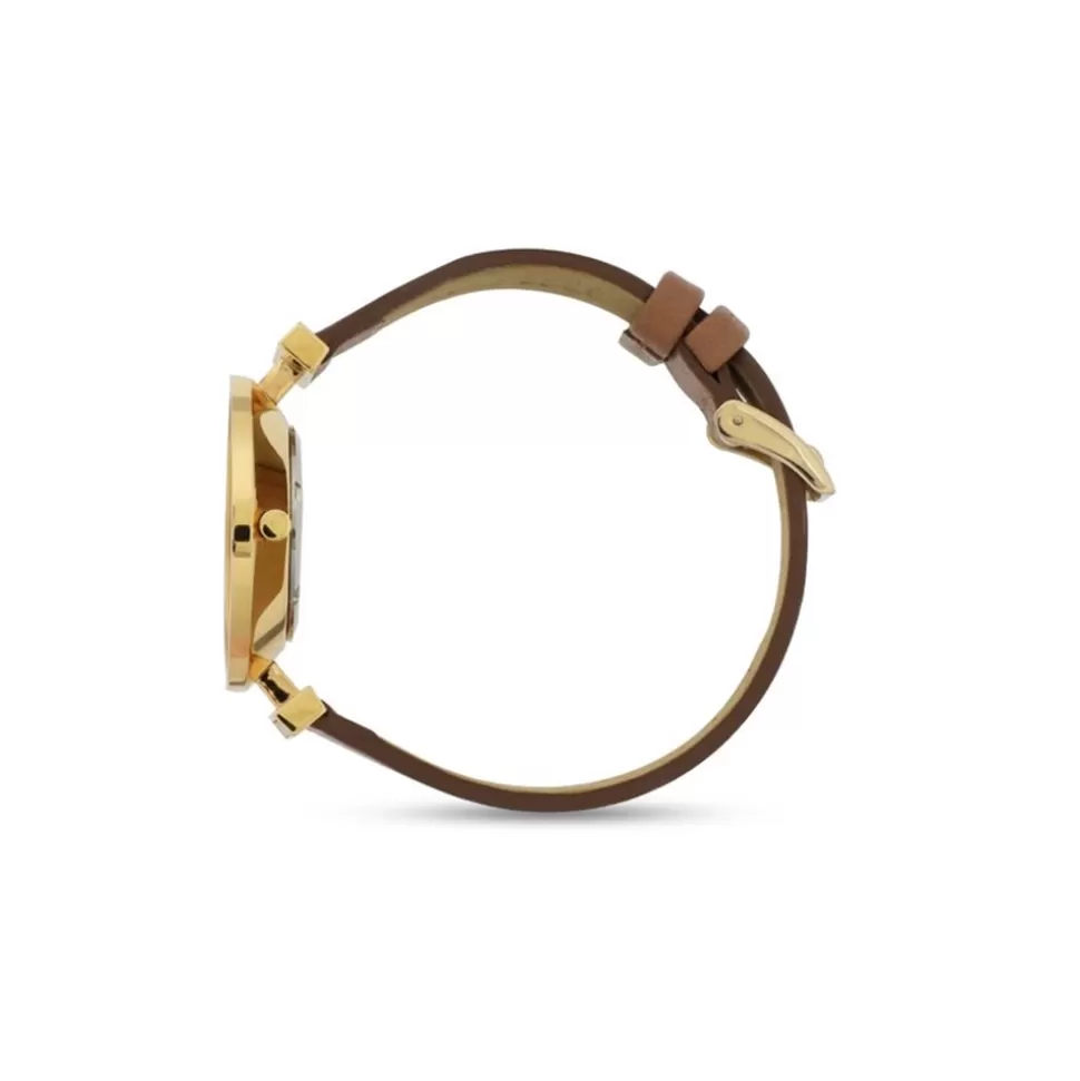 Women Folli Follie Leather Strap^Vintage Dynasty Gold Plated Watch Withleather Strap