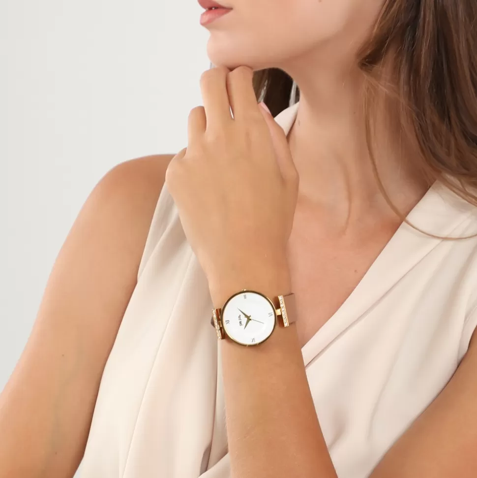 Women Folli Follie Leather Strap^Vintage Dynasty Gold Plated Watch Withleather Strap